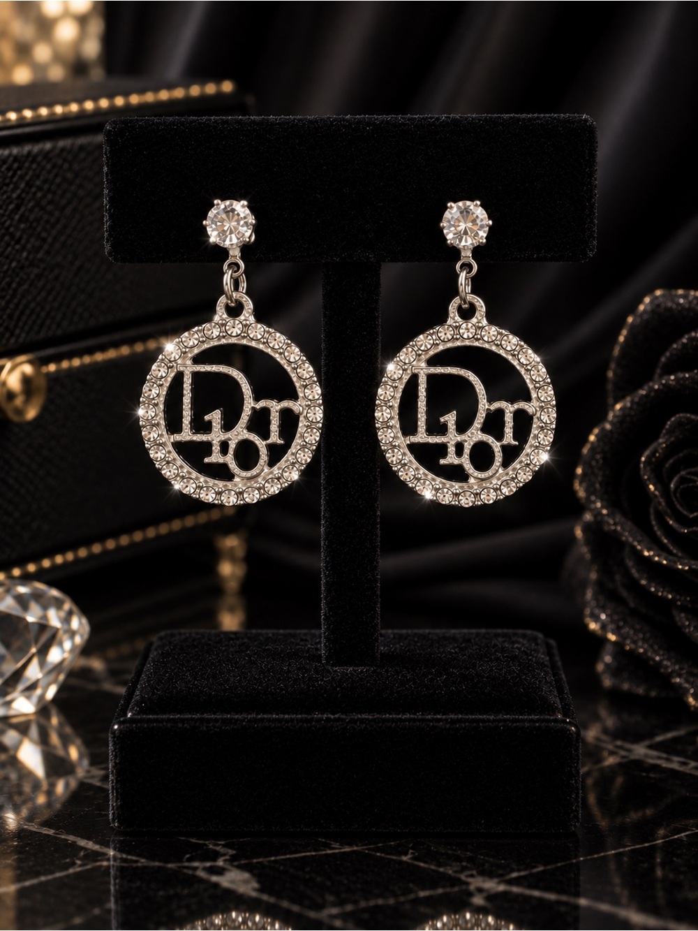 Silver Rhinestone Dior Logo Circle Drop Earrings